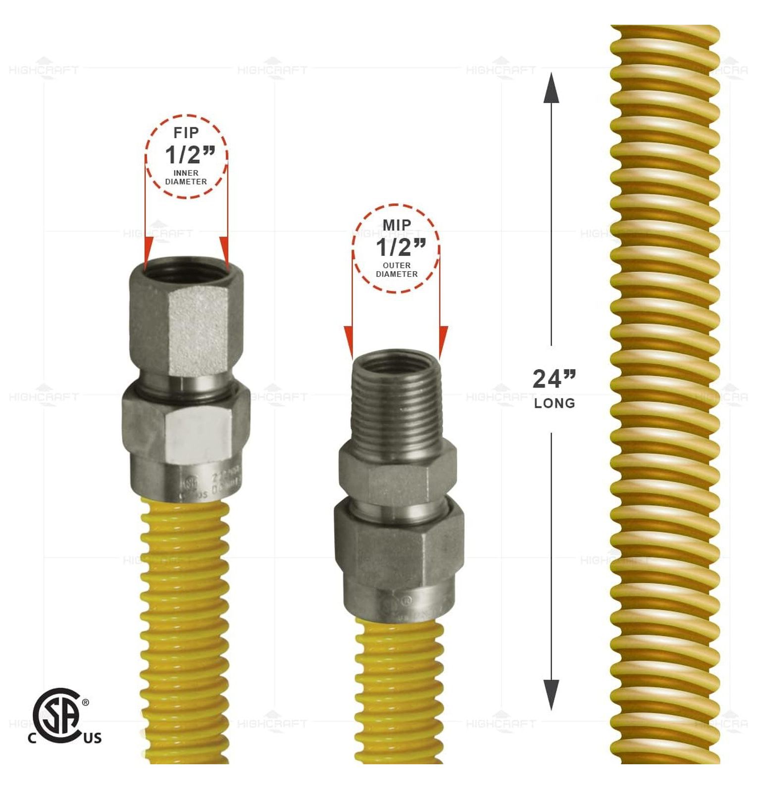 Gas Connector 24inch Yellow Coated Stainless Steel, 1/2” OD Flexible Gas Hose Connector for Dryer and Water Heater, with 1/2” FIP x 1/2” MIP Stainless Steel Fittings, 24” Gas Appliance Supply Line