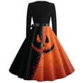 thumbnail image 5 of Women's Halloween Dress Spider Hepburn Long Sleeve Novelty Dresses Castle Printed V-Neck Casual Swing Dress with Belt M, 5 of 5