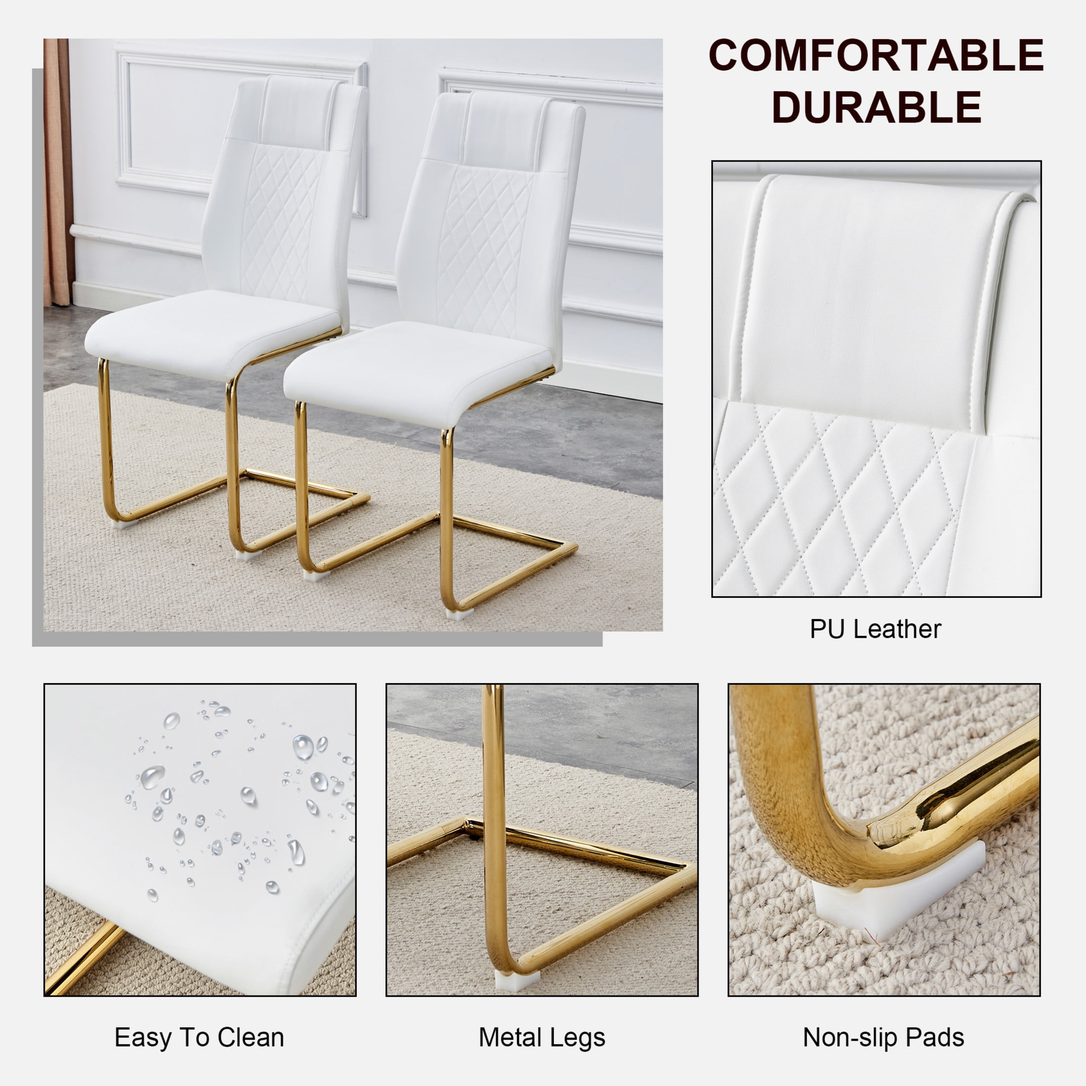 Noble House Modern Upholstered Dining Chairs, Faux Leather Padded Seat Side Chair, Golden Metal Legs, White, Set of 4