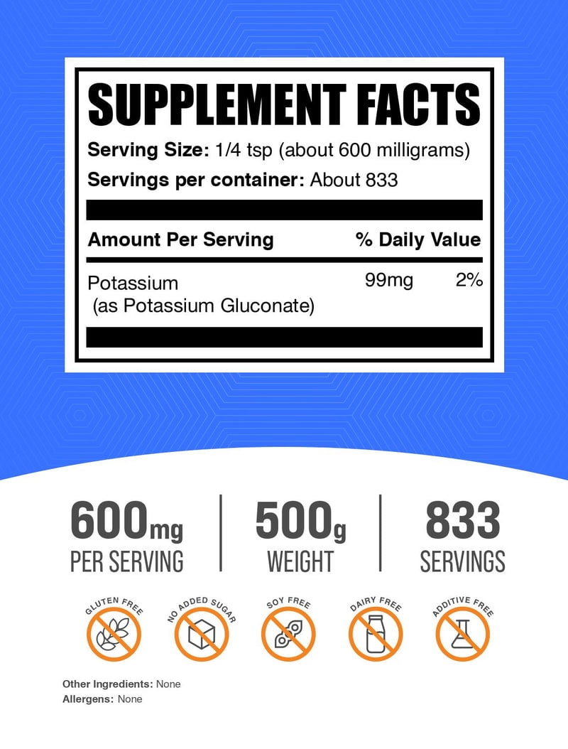 BulkSupplements Potassium Gluconate Powder - 600mg per Serving - 500 Grams (1.1 lbs) - 833 Servings