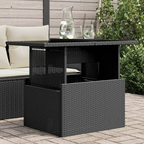 vidaXL Garden Table Black Poly Rattan, Tempered Glass, Powder-Coated Steel
