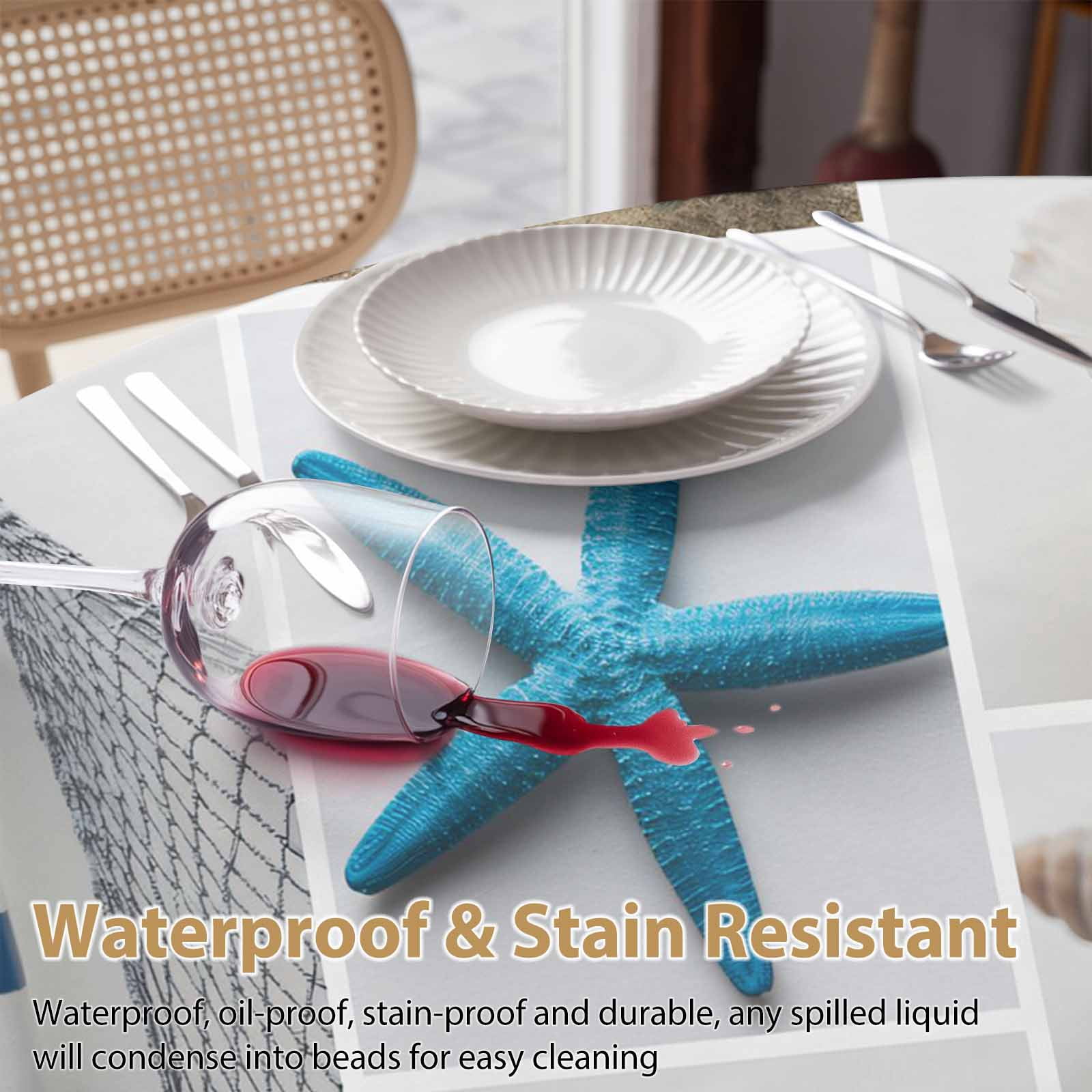 Round Tablecloth Coastal Beach Themed Waterproof Oil Proof Polyester Table Cloth Cover Decor for Home Dining Outdoor,Patio,Parties, 60" Dia. Summer Ocean Starfish Shell Boat