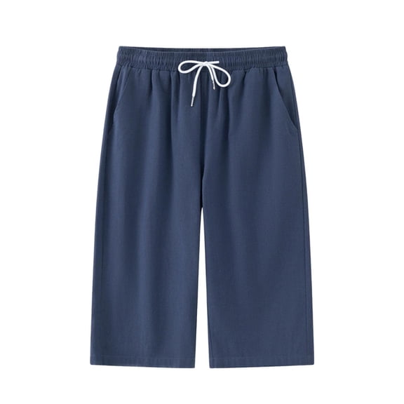 Havenre Men's Cotton Linen Capri Pants Loose Fit Elastic Waist Drawstring Baggy Harem Pants Lightweight Casual Beach Yoga Trousers with Pockets Dark Blue XXXXL