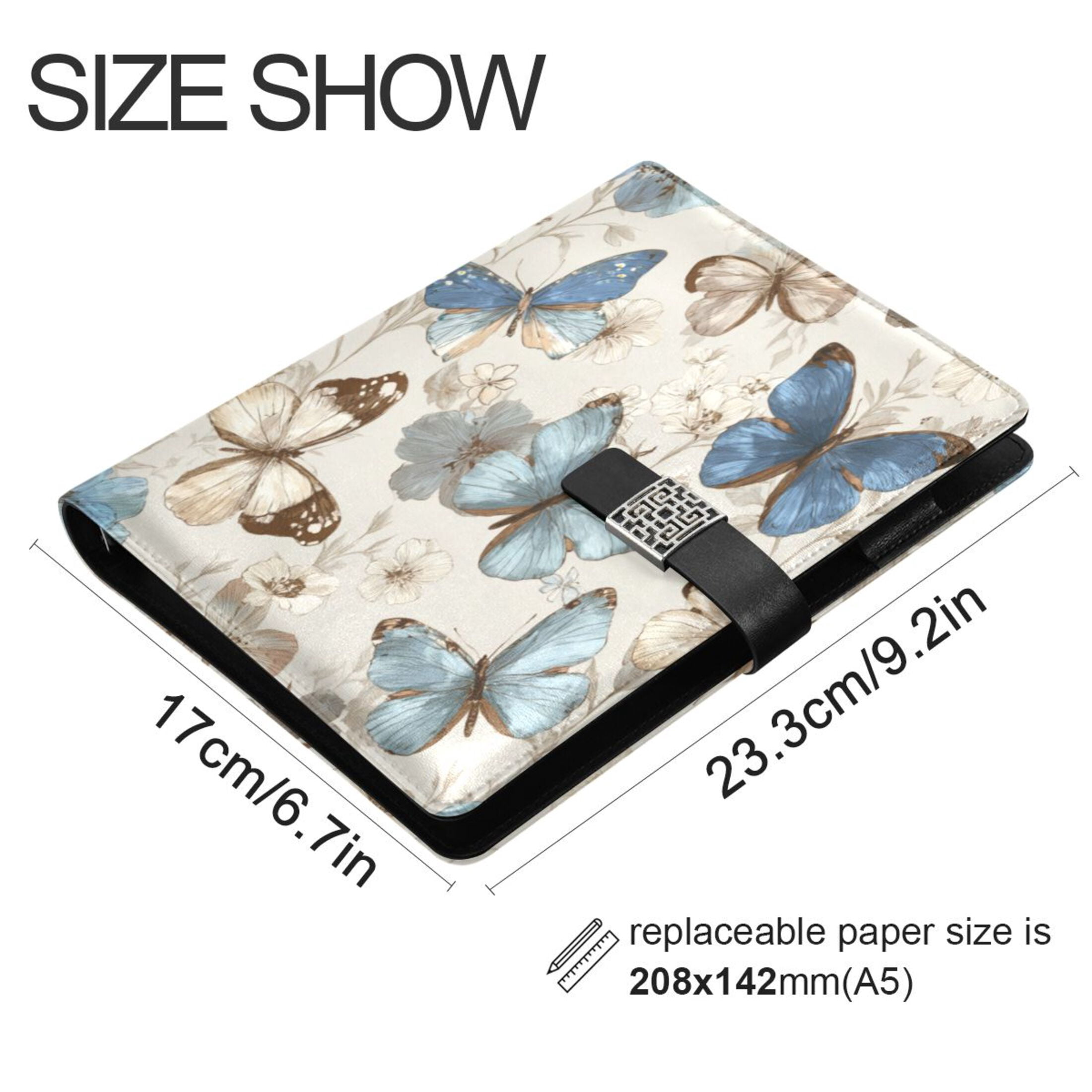 Leather Planner Leather Notebook Notebook Journal Binder Design Pen Pocket Design Convenient for Storage Cream Brown Butterfly Art