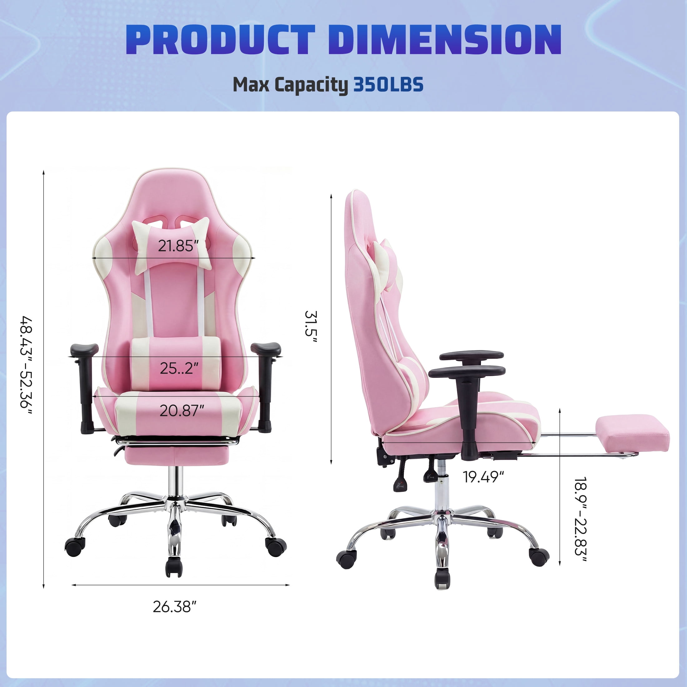 Gianna Ergonomic Gaming Chair, Adjustable Height with 360° Swivel, Flip-Up Armrests, Headrest & Lumbar Cushion Included, Pink