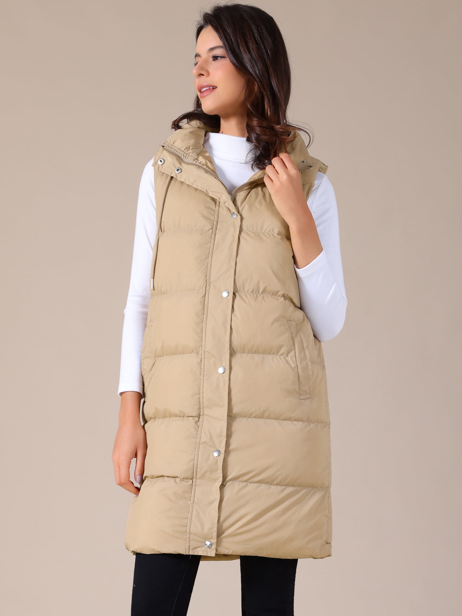 DARING DIVA Women's Long Puffer Vest Casual Sleeveless Hooded Down Jacket XL Khaki