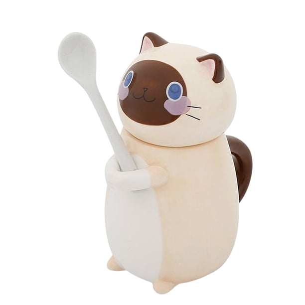 Inteprter Taza de desayuno de dibujos animados con tapa y cuchara, tazas de café y té de estilo japonés, contenedor bonito, taza de sopa, utensilios de Juegos de servir café y té Color café Inteprter HA081618-02