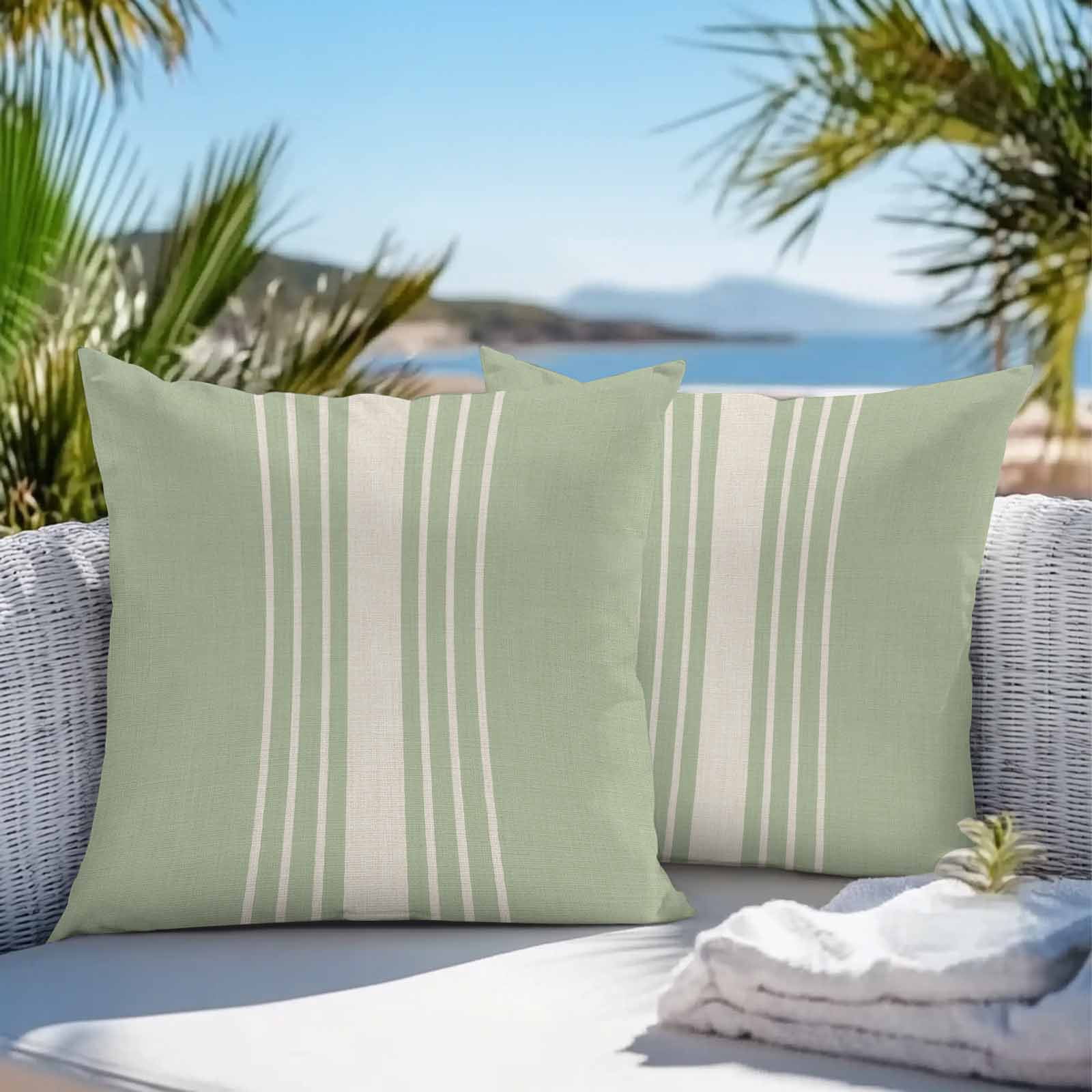 Outdoor Waterproof Throw Pillow Covers Set of 2 Sage Green Vertical Stripes Pillowcases Square Outdoor Pillows Cushion Case 16x16 Inch Classic Striped Linen Patio Pillows for Couch Sofa Bed