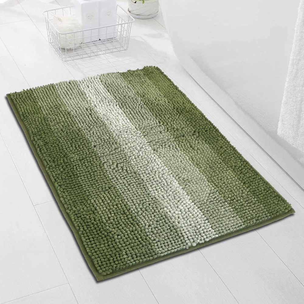 FUDAKUNA Fluffy Chenille Bathroom Rugs Anti-slip Absorbent  19.6" x 31.5" Green Stripes Decor Bath Mat Machine Washable