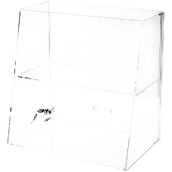 Plymor Clear Acrylic Locking Display Case with Slanted Front and Sliding Back, 1 Flat Shelf, 16" H x 16" W x 10" D