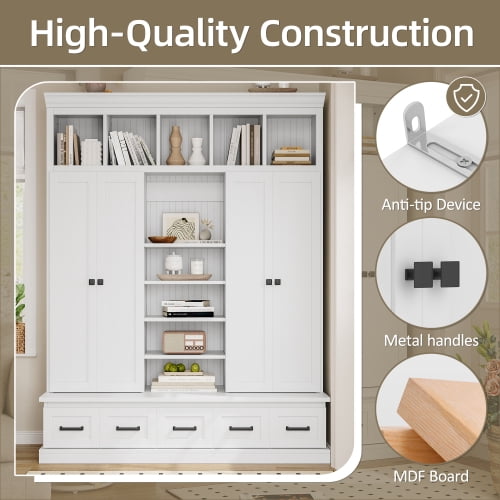 78.7" H Hall Tree with Bench and 5 Storage Cubbies, Modern Entryway Organizer Cabinet with 4 Doors, 5 Drawers, Adjustable Shelves, MDF, Metal Handles, for Hallway, Living Room, White