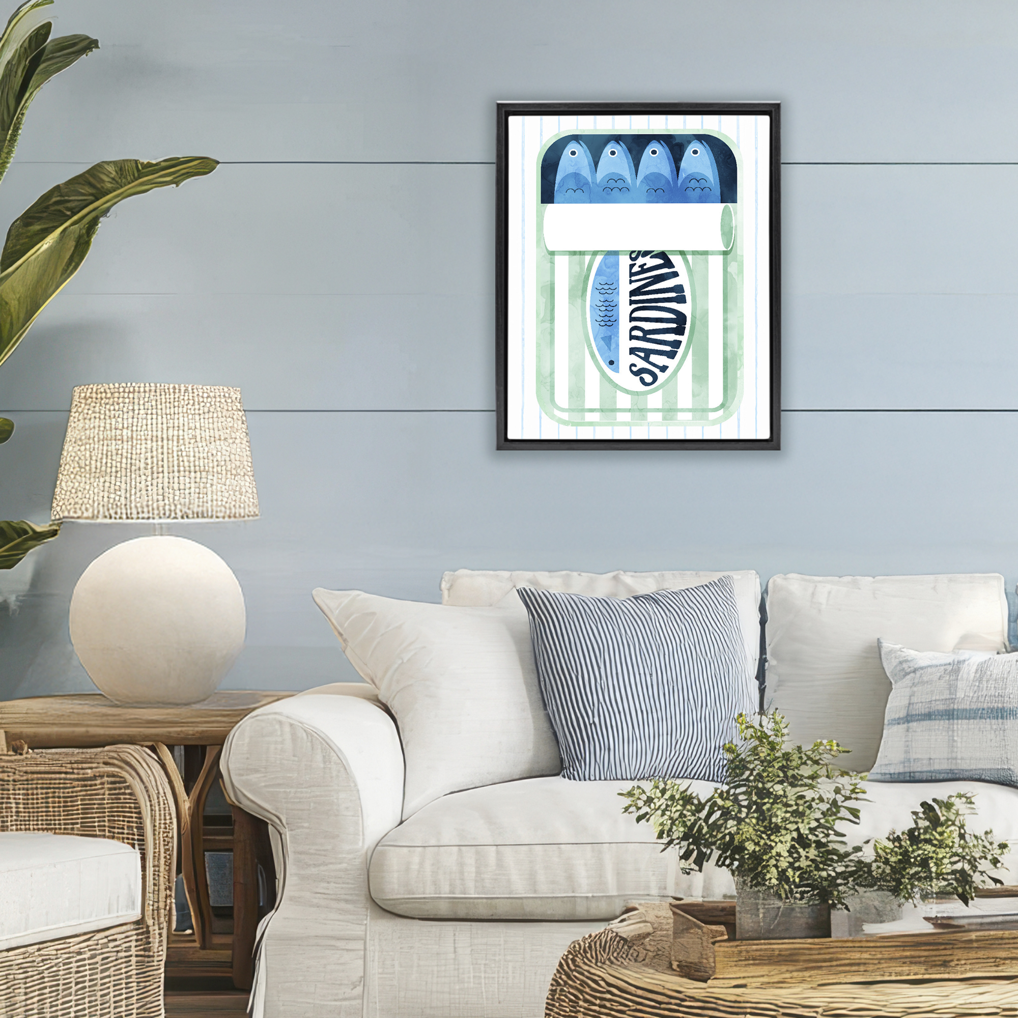 Seafoam Sardine Tin over Stripes Black Framed Floater Canvas Wall Art, design by Daphne Polselli