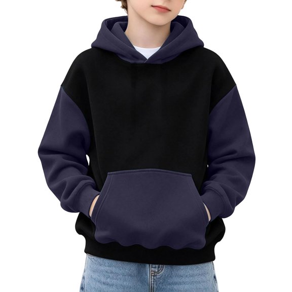 Boys Color Block Lined Hoodie Contrast Panel Hooded Sweatshirt with Kangaroo Pocket Soft Warm Casual Pullover for Kids Fall Winter School Daily Play Wear(Purple,9-10 Years)