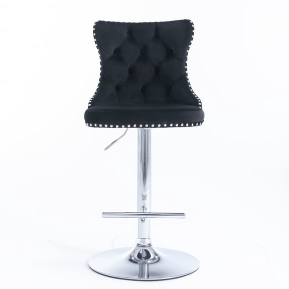 Gearwell Adjustable Bar Stools, Set of 2 Black Velvet Swivel Counter Chairs with Tufted Backs, 25-33 Inch Seat Height and Chrome Bases for Kitchen Island and Home Pub