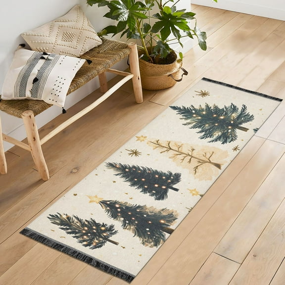 Yayeee Runner Rug for Bedroom 2'x6' Machine Washable Hallway Non Slip Mat, Beige Christmas Trees