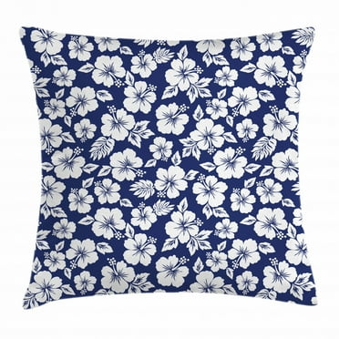 Hawaii Throw Pillow Cushion Cover, Hibiscus Silhouettes Flowering Mallow Family Plant Exotic Summer Season Foliage, Decorative Square Accent Pillow Case, 20 X 20 Inches, Navy Blue White, by Ambesonne