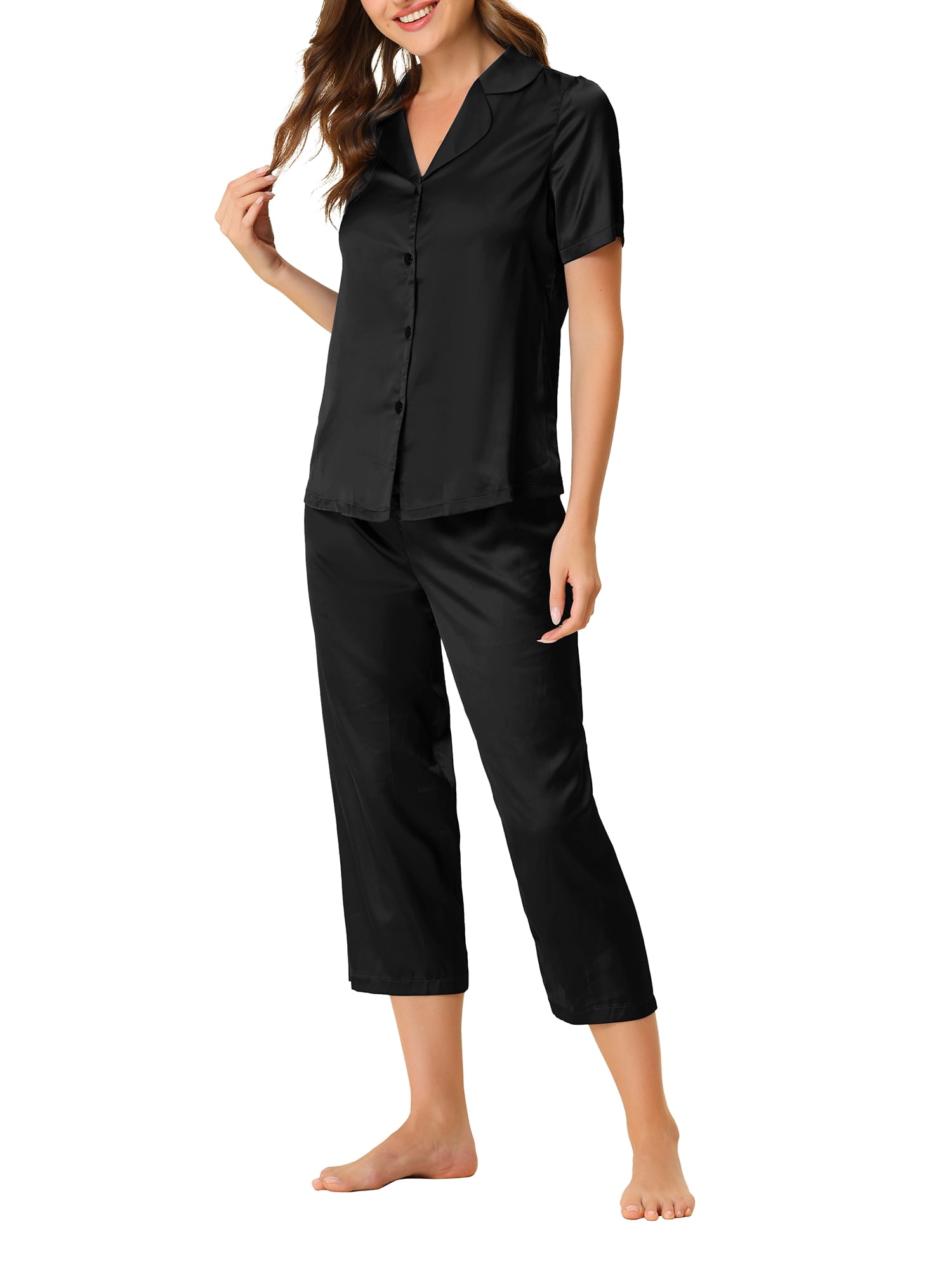 Unique Bargains Women's Loungewear Tops and Capri Pants Satin Pajama Sleepwear Sets