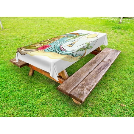 Tiki Garden Statues Tiki Bar Outdoor Tablecloth, Circular Frame with Tropical Accents Cartoon Beach Tiki Statue Illustration Print, Decorative Washable Fabric Picnic Tablecloth, 58 X 120 Inches, Multicolor, by Ambesonne ()