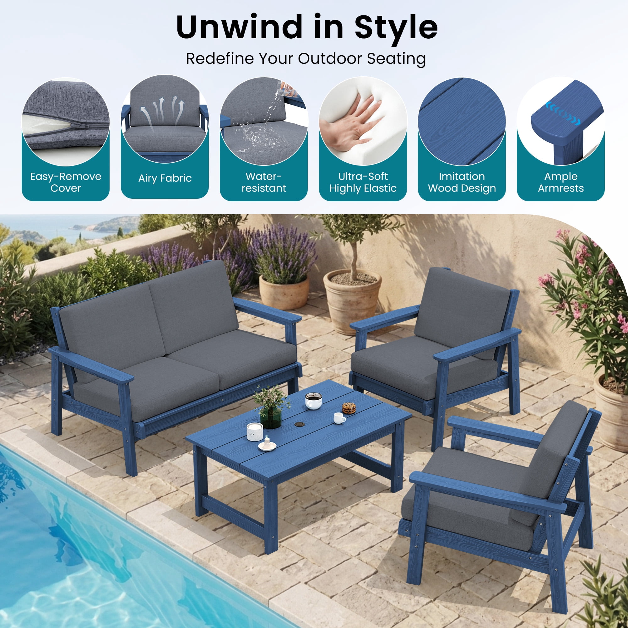 SERWALL 6 Pieces Outdoor HDPE Patio Furniture Set, Conversation Set with Cushions, 2 Armchairs & 1 Loveseat & 1 Coffee Table & 1 Umbrella for Poolside, Balcony, Porch & Backyard,Blue / Grey