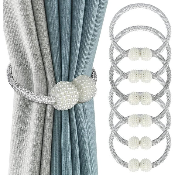 6 Pack Magnetic Curtain Tiebacks, White Pearl Curtain Holdbacks for Home and Office Decoration
