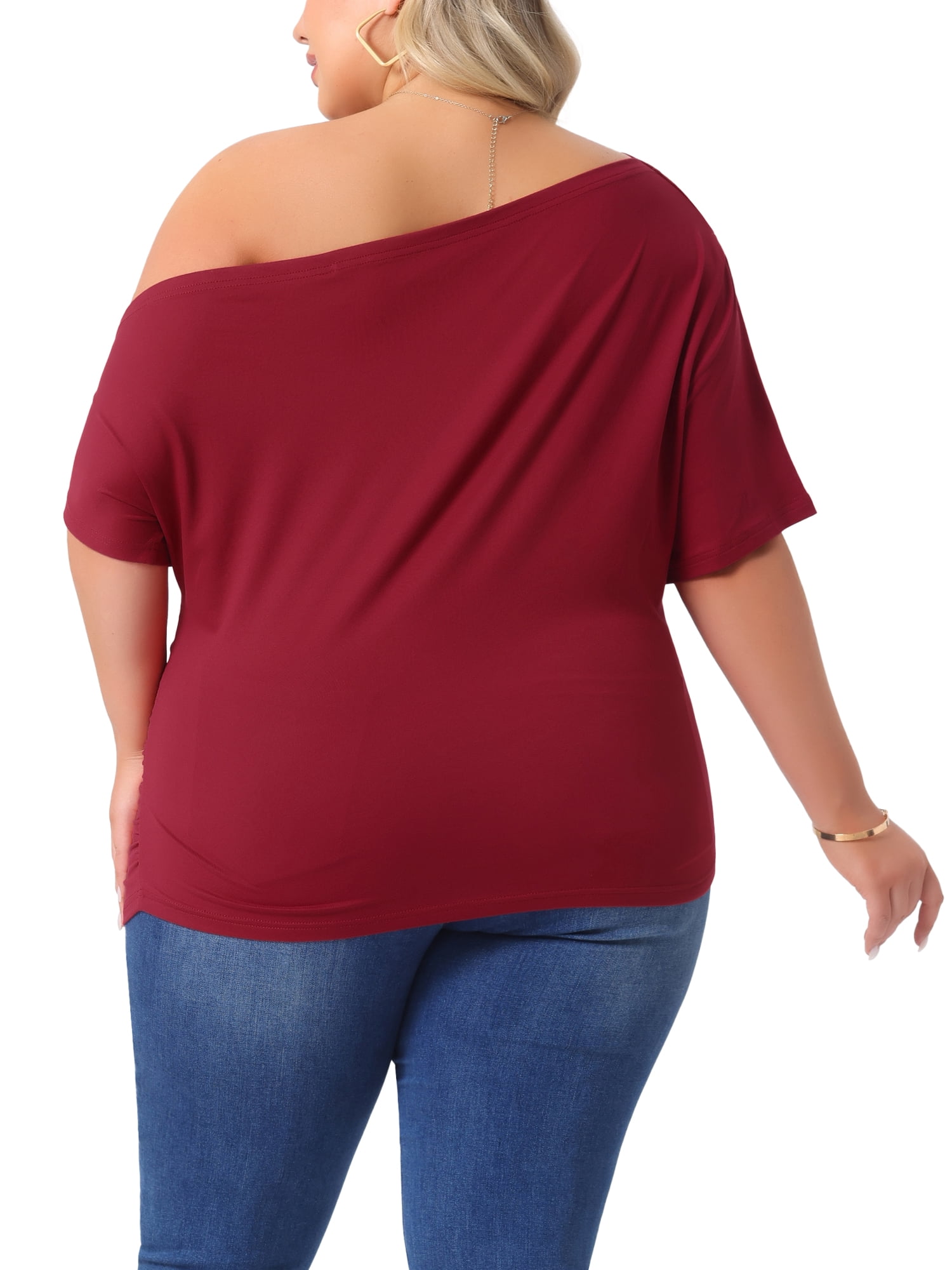 Women's Plus Tops One Shoulder Short Sleeve Ruched Basic Blouses Summer Tee Tops 3X Burgundy
