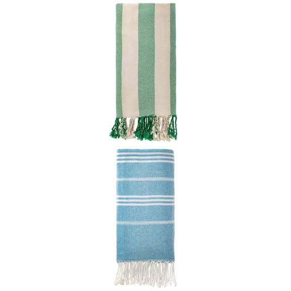 Unique Bargains 2Pcs Stripe Turkish Sand Repellent Towel Blue Green 71" x 35"/71" x 40"