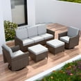 thumbnail image 4 of EAGLE PEAK Ocean Vista 5 piece Patio Variated Brown Wicker Sofa Set Swivel Chairs, 3-Seat Sofa Set, Beige Cushions, 4 of 11