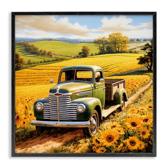 Stupell Industries Truck Through Sunflower Field Landscape & Nature Painting Black Framed Art Print Wall Art, 12 x 12