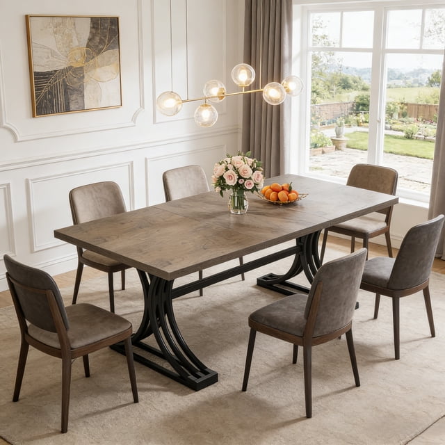 Fnova 63" Modern Dining Table, Rectangular Wooden Top Kitchen Table, Stylish Metal Trestle Legs, Seats 4 to 6 for Dining Room & Kitchen, Living Room