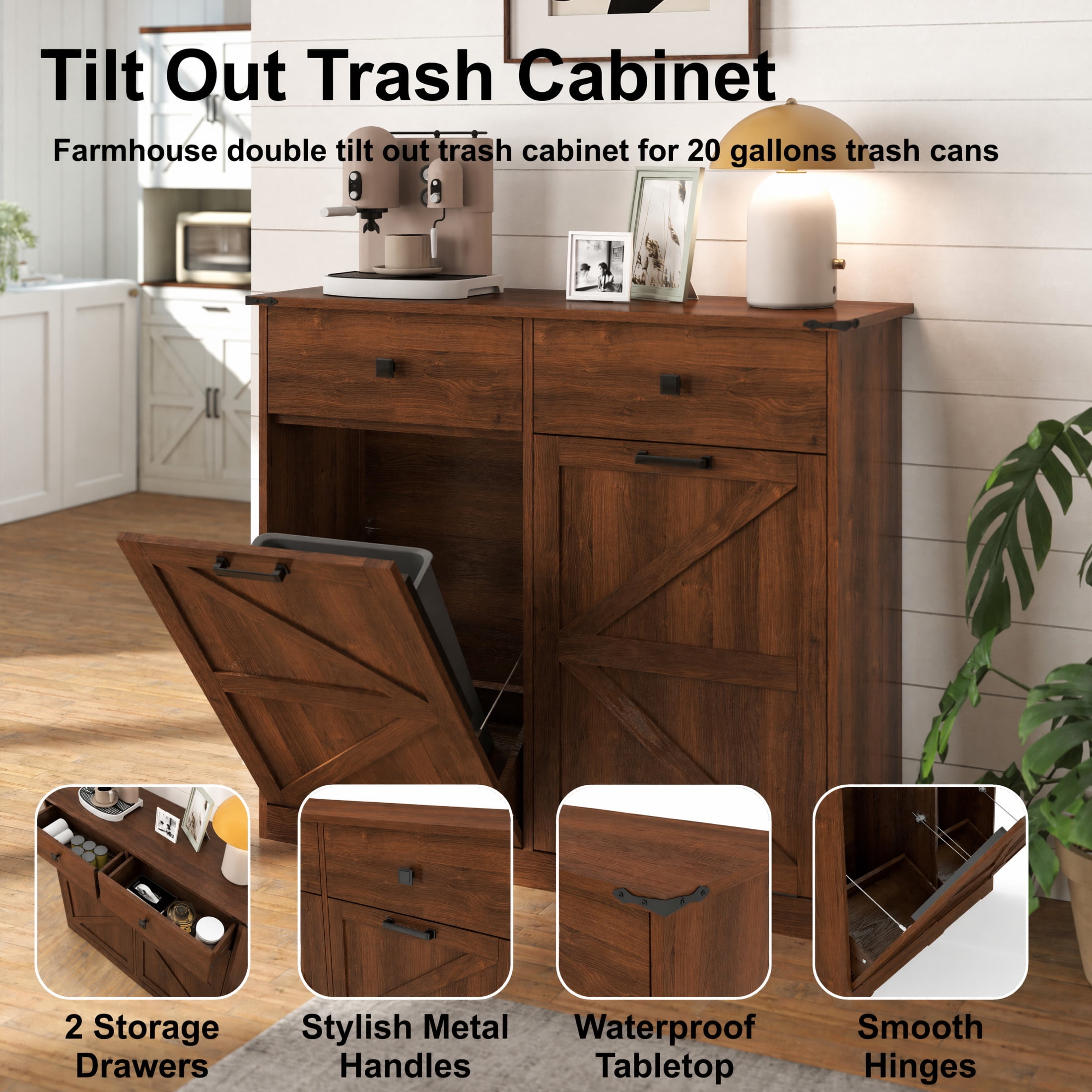 Noble House Farmhouse Double Tilt-Out Trash Cabinet with Drawers, Laundry Sorter Cabinet, Walnut