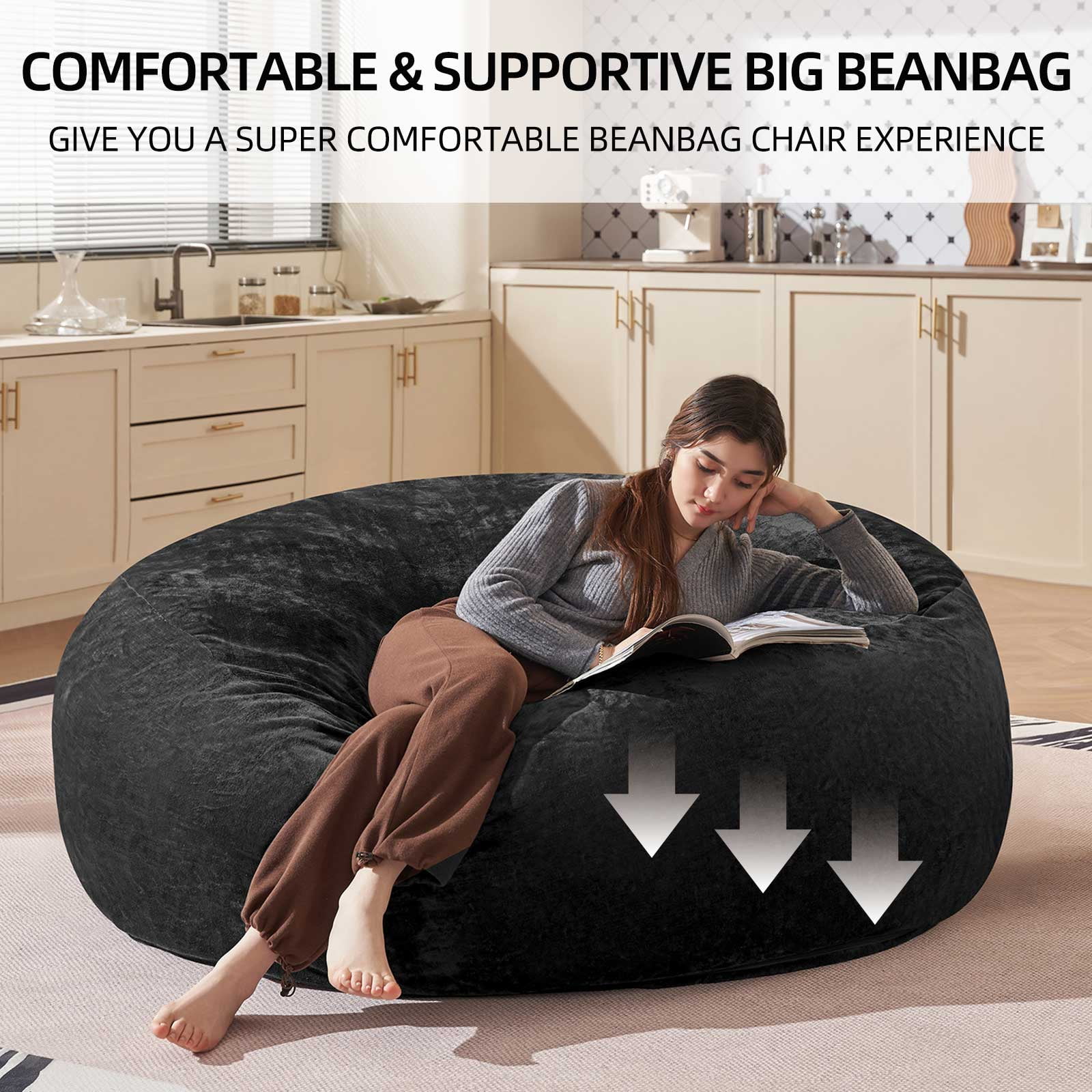 Bean Bag Chair 5FT,  Large Memory Foam Filled Chair for Adults and Teens, Soft Sofa with Removable Flannel Cover, Round Couch for Living Room Bedroom College Dorm