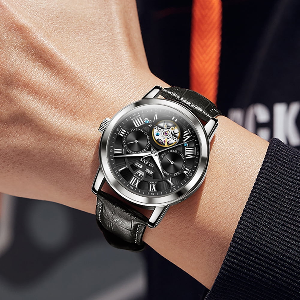 OLEVS Automatic Watches for Men Self Winding Mechanical Skeleton Flywheel Multifunction Luxury Dress Roma Rumerals Calendar Waterproof Luminous Men Wrist Watches Leather