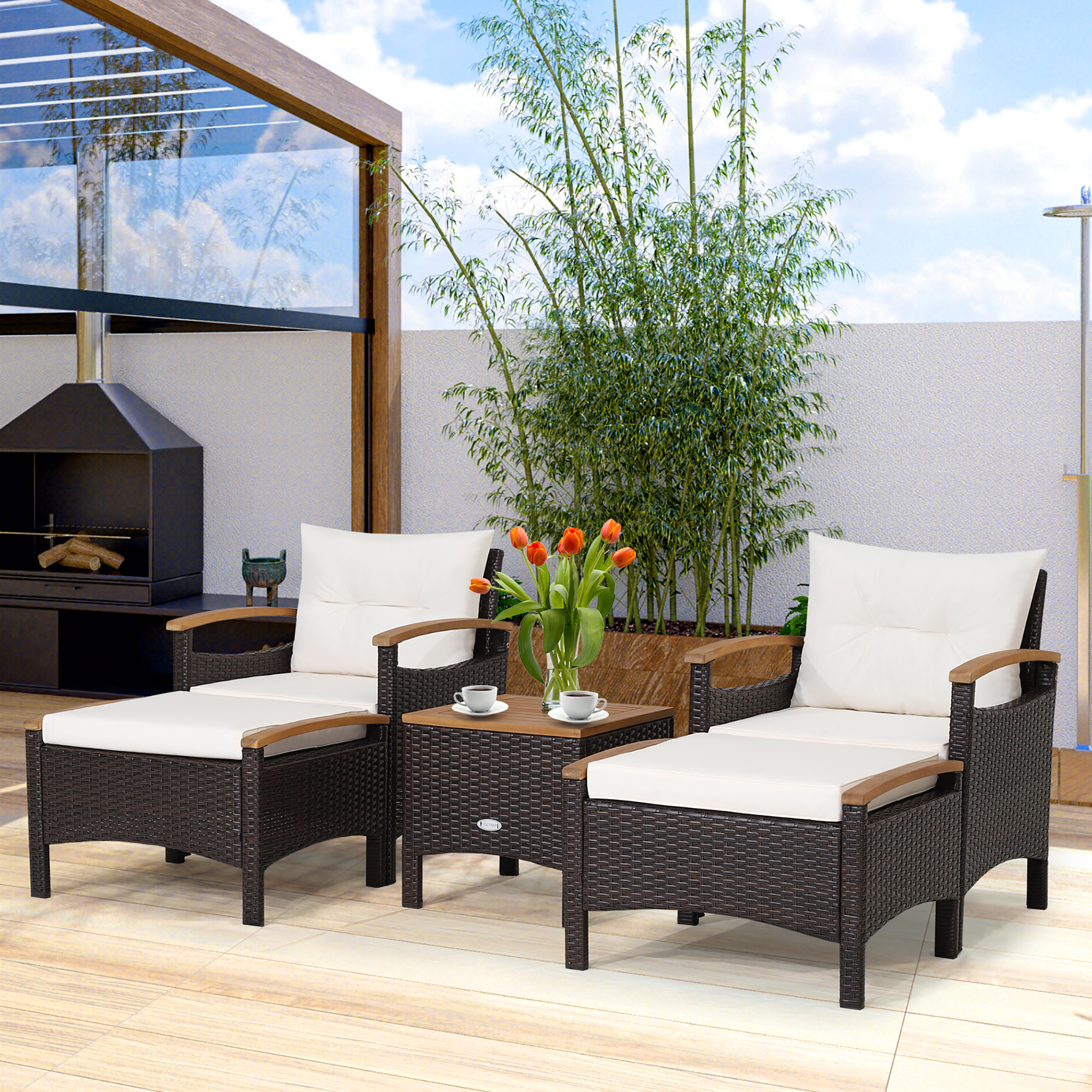 Gymax 5PCS Outdoor Patio Rattan Furniture Set PE Wicker Lounge Chair w/ Wood Tabletop - image 3 of 10