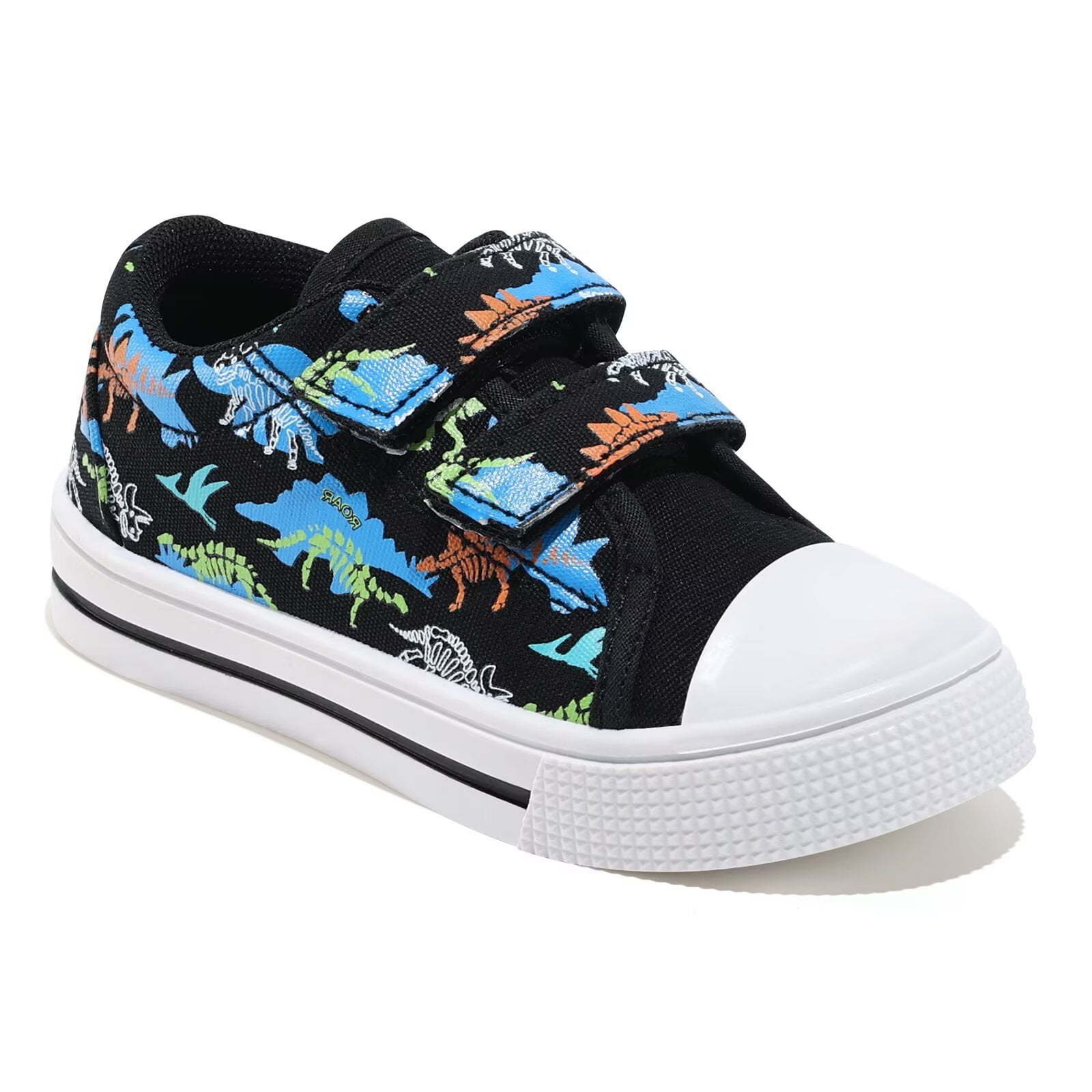FUNCOO PLUS Kids Sneakers Toddler Boys Canvas Shoes with Hook and Loops, Black Dinosaur, Size 10