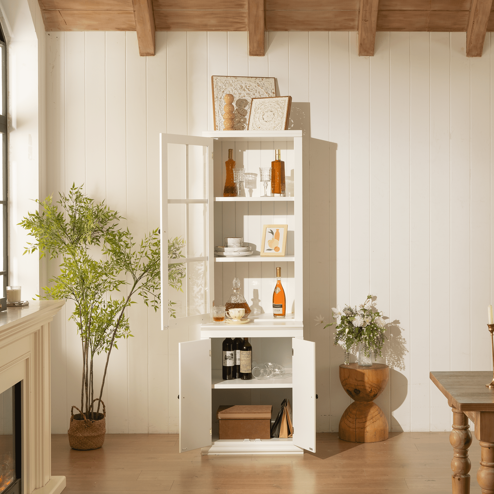 75" Tall Pantry Cabinet, Modern Kitchen Hutch with Glass Door, Adjustable Shelves, Countertop, Wood Buffet Cabinet, Cupboard for Living Room, Hallway