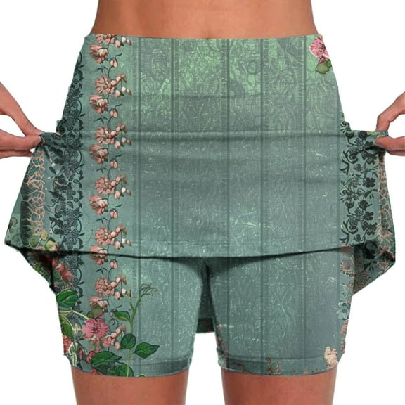 Ecqkame Women's New Floral Print Skorts Elastic Waist Athletic Skorts Knee Length Tennis Bottoming Skirt Pants Green XXXXXL