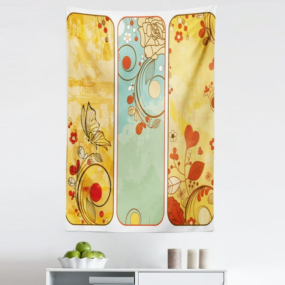 Vintage Tapestry, Frames with Floral Details Butterfly and Heart Shapes Leaf Retro Romantic Art, Fabric Wall Hanging Decor for Bedroom Living Room Dorm, 5 Sizes, Multicolor, by Ambesonne
