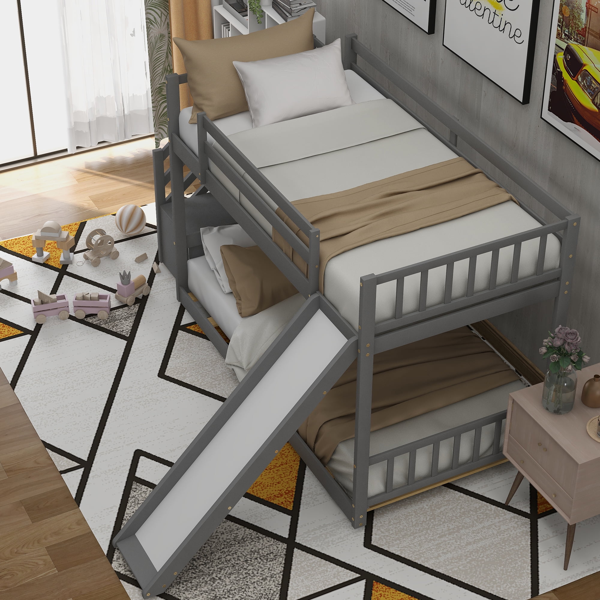 EUROCO Modern Wood Twin over Twin Bunk Bed with Slide and Staircase, Low Profile Bunk Bed with Storage for Kids Teens,Gray