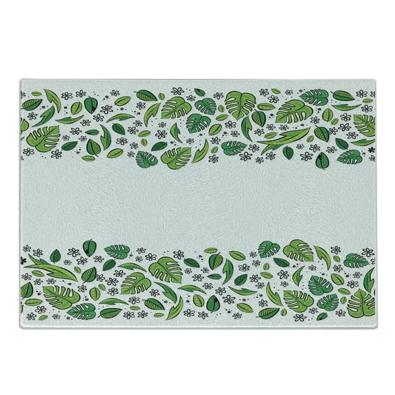 Botanical Cutting Board, Leaves and Daisies Blowing in the Wind Floral Illustration, Decorative Tempered Glass Cutting and Serving Board, in 3 Sizes, by Ambesonne