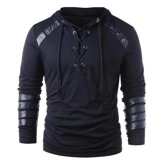 HUITKMM Oversized Hoodie Men Men Winter Drawstring Leather Patchwork Long Sleeve Hooded Tops Blouses