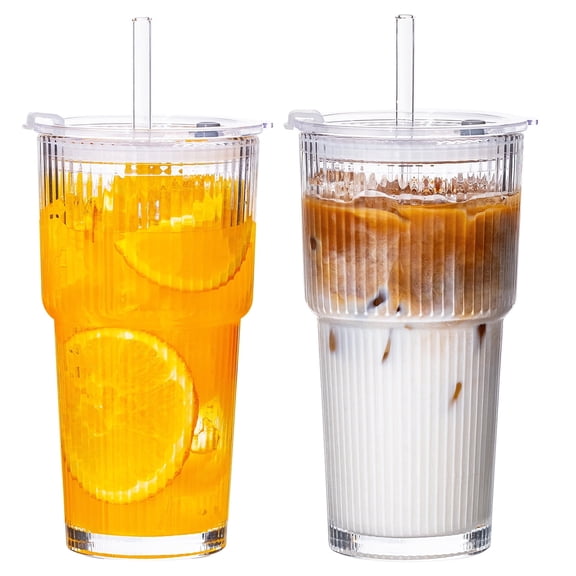 VA1KENE 20oz Glass Tumbler with Straw and Lid Leakproof Glass Cups for Iced Coffee, Juice, Tea, Smoothies, Beer Clear 2 Pack