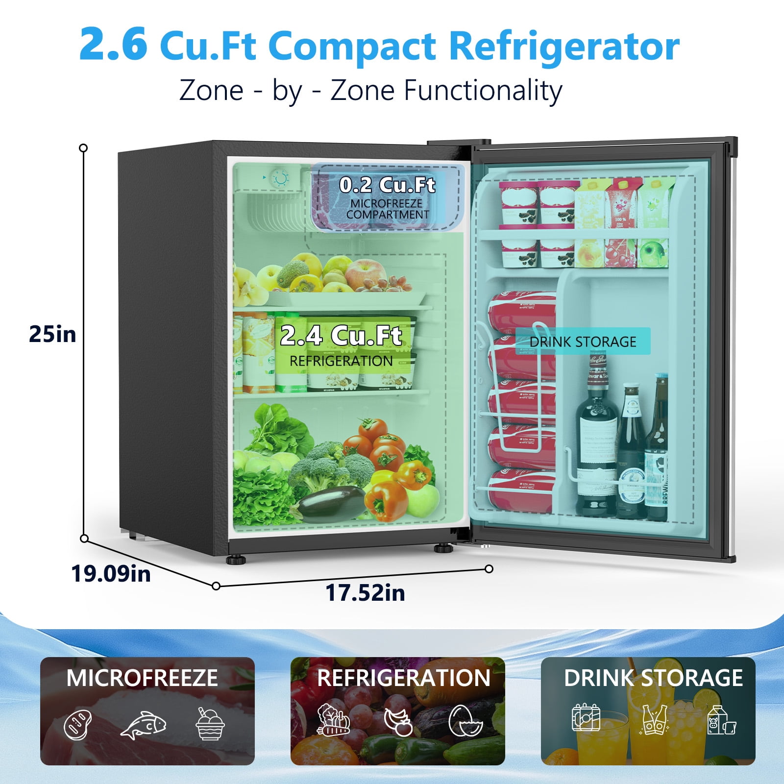 CRZOE Mini Compact Refrigerator with Freezer, 2.6 Cu.Ft. Single Door Adjustable Removable Shelves for Apartment/Dorm/Office