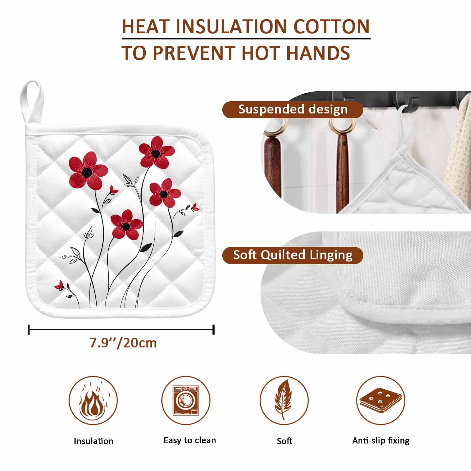Red Spring Floral Pot Holders for Kitchen Heatproof Potholder, 5 Pack Elegant Summer Botanical Pastoral Hot Pads Multipurpose Oven Pads Cloth Potholders Trivet for Cooking Baking