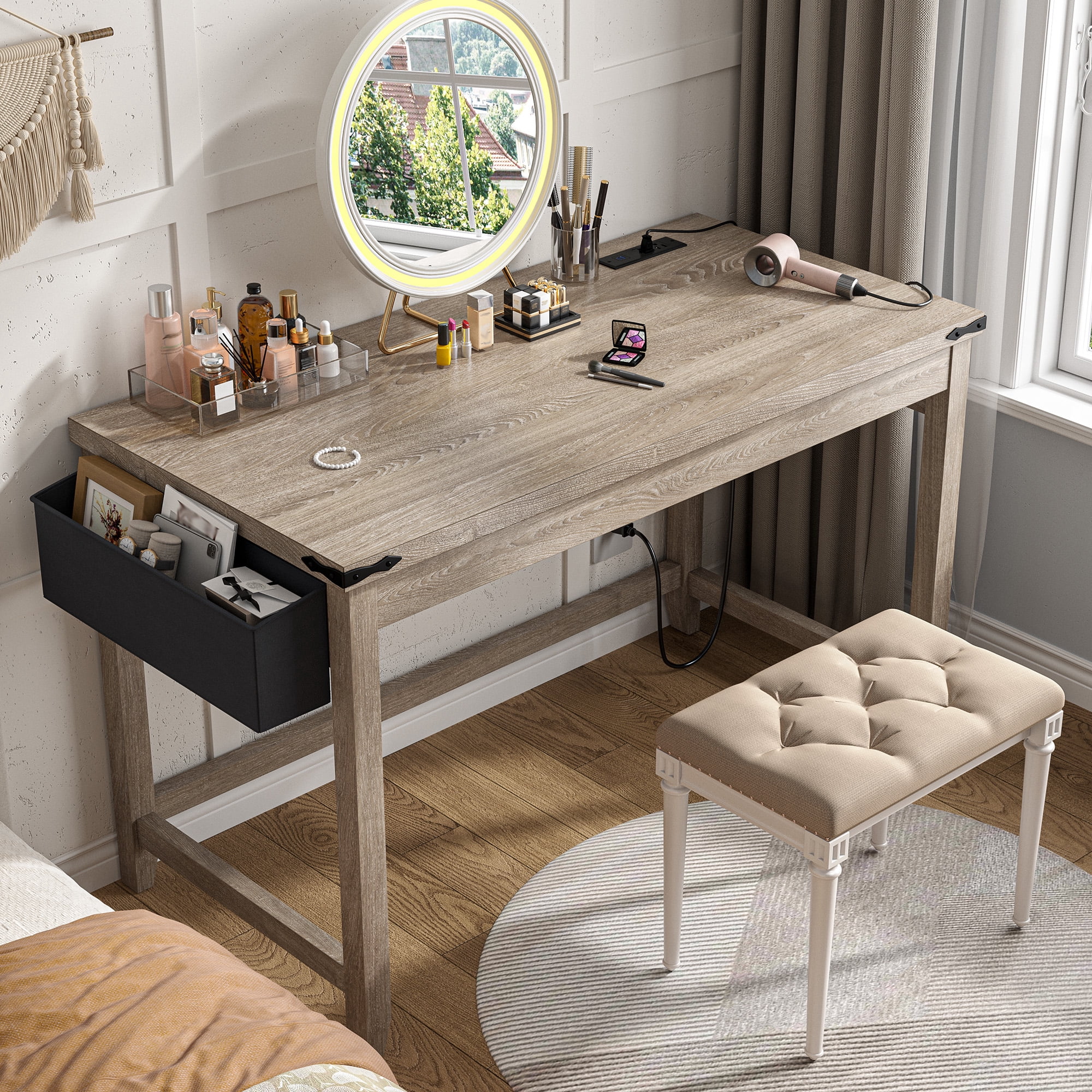 Enhomee Computer Desk with Power Outlet 40.1"W Small Desk for Bedroom, Ash Gray