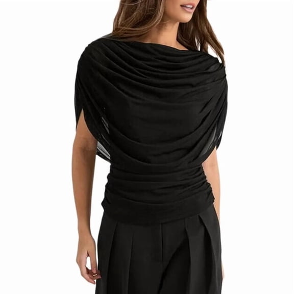 Women's Short Sleeve Ruched Mesh Draped Asymmetrical Shirts Shirt Top Black S