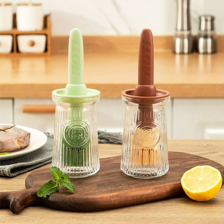 Wiueurtly Oil Brush with Bottle Olive Oil Dispenser Bottle with Silicone Brush 2 in 1 Silicone Measuring Oil Dispenser Bottle for Kitchen Cooking Frying Baking