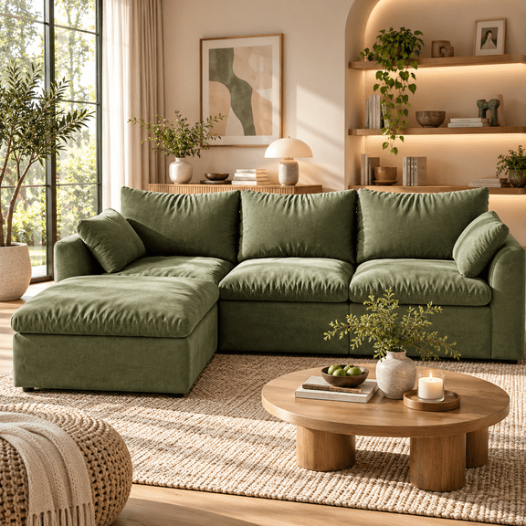 96.5" L-Shaped Modular Sectional Sofa with Chaise, Deep Seat 4-Seat Couch, Green