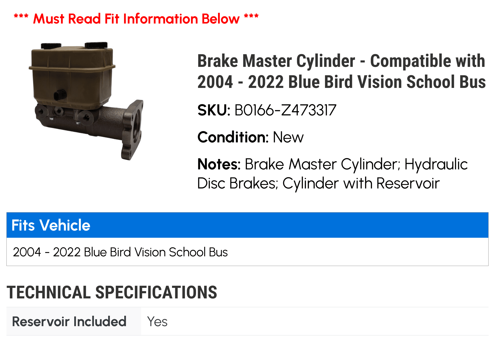 Brake Master Cylinder - Compatible with 2004 - 2022 Blue Bird Vision School Bus 2005 2006 2007 2008 2009 2010 2011 2012 2013 2014 2015 2016 2017 2018 2019 2020 2021