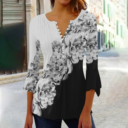 

Whlbf Womens Tops Clearance Long Sleeves Casual Trumpet 3/4 Sleeve Buttoned Basic Ruched Corset Tunic Tops Pleated T-shirts Blouses