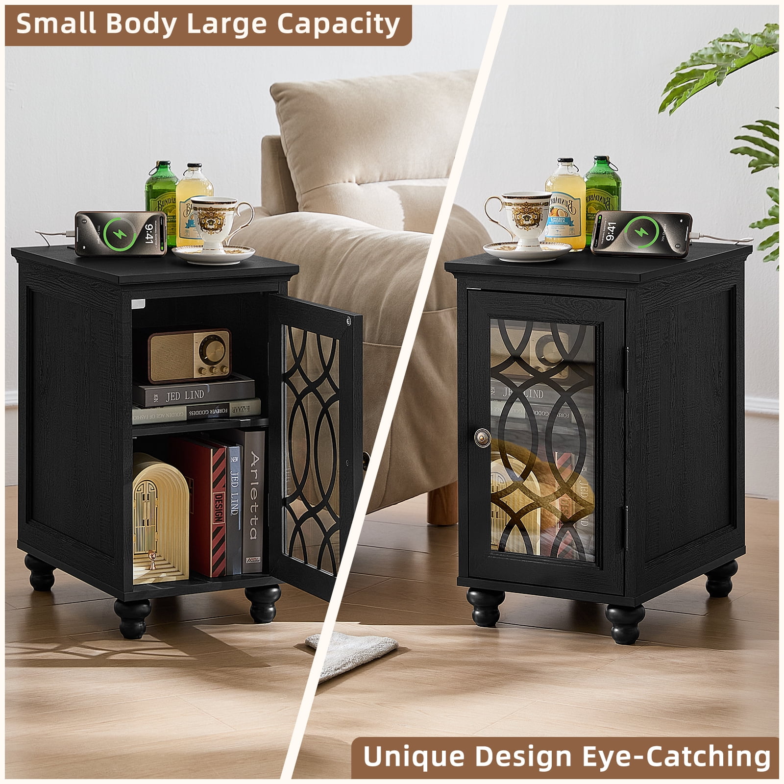 Farmhouse End Table Set of 2, Side Table, Nightstand, End Table with Glass Door and Shelf, Rustic Modern Bed Night Stand for Bedroom, Living Room, Black